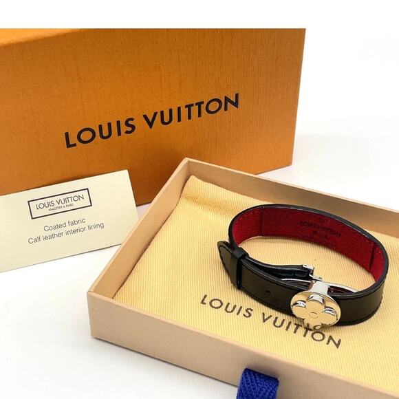 Auth Louis Vuitton Good Luck Bracelet Silver Leather Black and Red - Picture 1 of 7